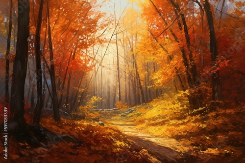 Original oil painting of a sunny autumn forest in modern impressionism style. Trees in shades of gold, yellow, orange and red in a park with sunlight. Landscape artwork acrylic painting. Generative AI