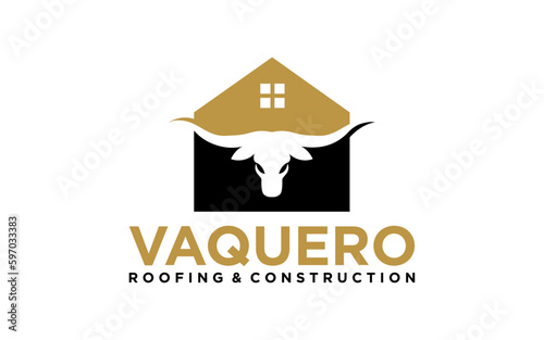 Longhorn texas with house roofing and constructions Emblem Label logo design vector