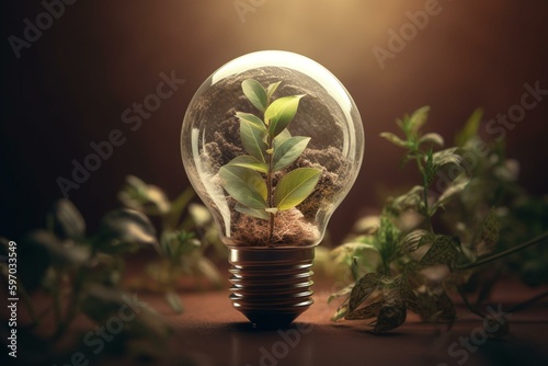 Illustration of a plant filled light bulb on a bright background, renewable energies. Generative AI