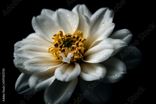 A big white flower and a yellow center against a black backdrop. Generative AI