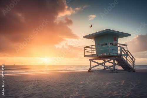 Sunrise at lifeguard house in Hollywood Beach, South Florida, USA. Generative AI © Melisende