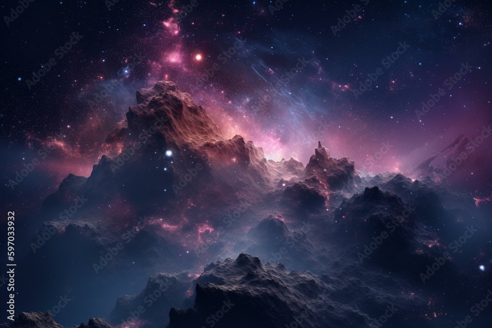 Beautiful pink and purple space with stars and nebulas on deep blue backdrop. Generative AI
