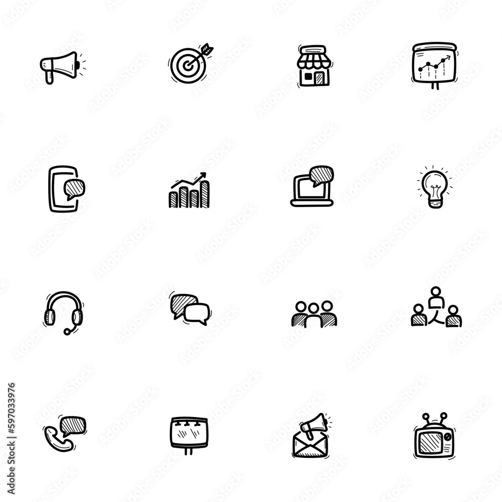 Fototapeta premium Set of marketing icons in cute doodle style isolated on white background