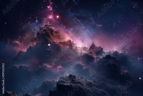 Beautiful pink and purple space with stars and nebulas on deep blue backdrop. Generative AI
