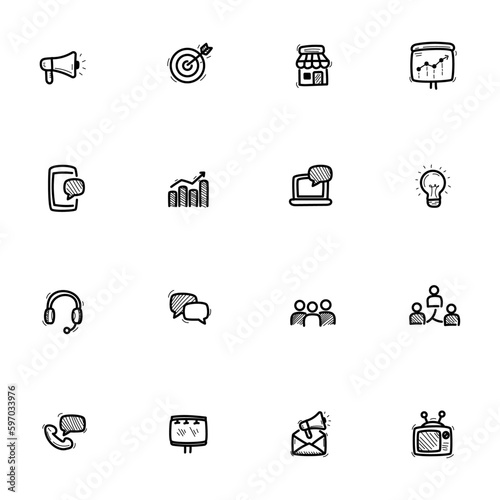 Set of marketing icons in cute doodle style isolated on white background