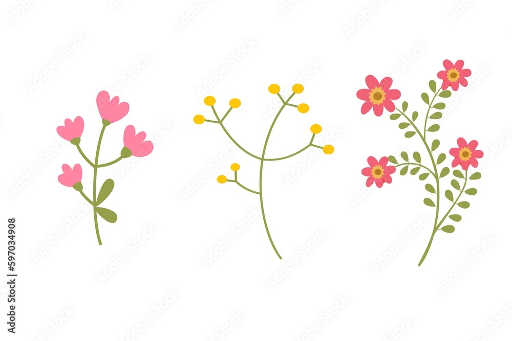 set  of floral flowers with green leaves on white