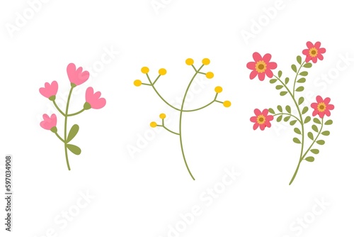 set  of floral flowers with green leaves on white