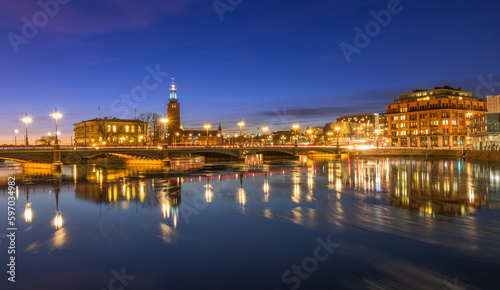 Illuminated Cityscape in blue hour in Stockholm with a City Hall in the background