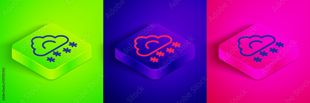 Isometric line Cloud with snow icon isolated on green, blue and pink background. Cloud with snowflakes. Single weather icon. Snowing sign. Square button. Vector Isometric line Cloud with snow icon isolated on green, blue and pink background. Cloud with snowflakes. Single weather icon. Snowing sign. Square button. Vector