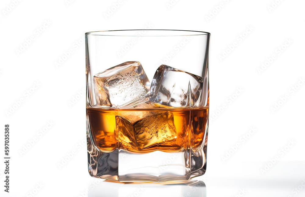 Whiskey with ice in glass on a white background. Generative AI Whiskey with ice in glass on a white background. Generative AI