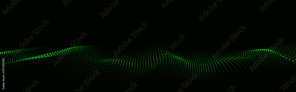 Dynamic green particle wave. Futuristic point glowing wave. Flow digital structure. Data technology background. Vector illustration.