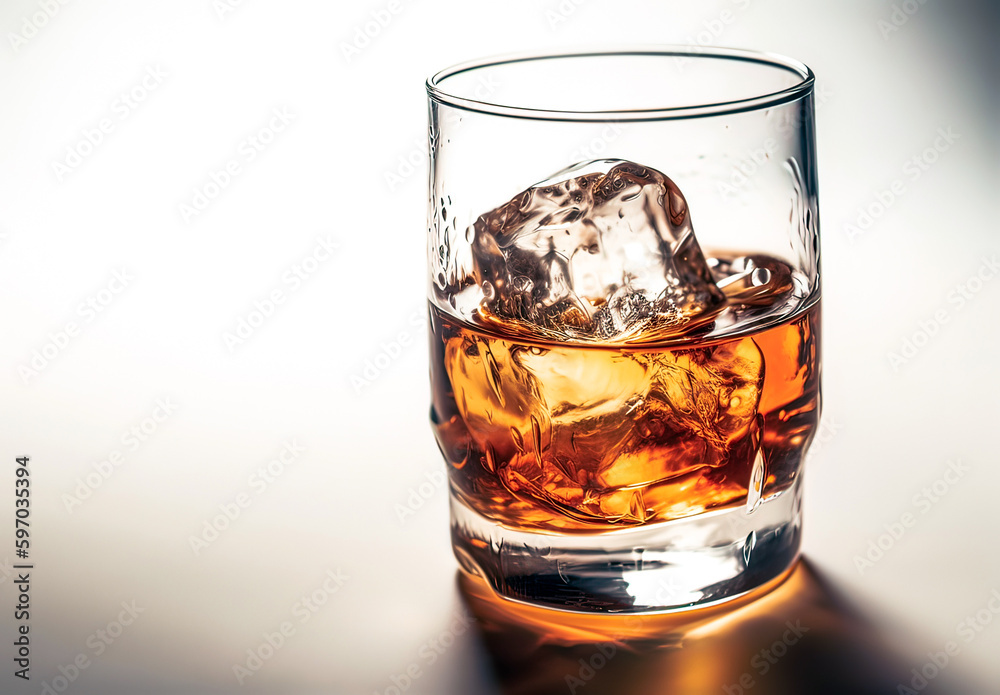 Whiskey with ice in glass on a white background. Generative AI