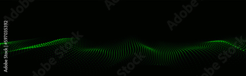 Dynamic green particle wave. Futuristic point glowing wave. Flow digital structure. Data technology background. Vector illustration.