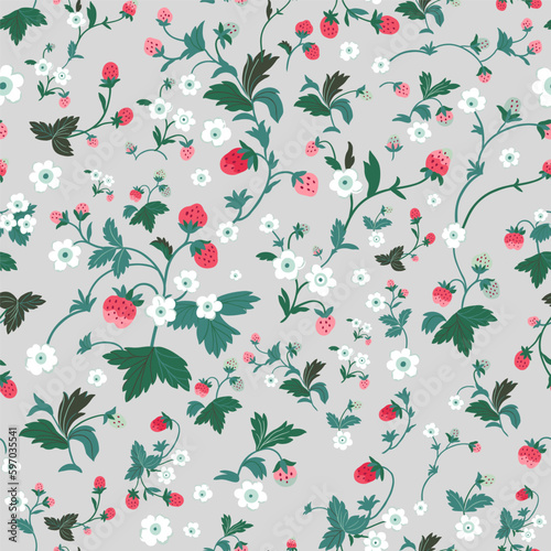 Pattern with flowers  berries and leaves of forest strawberries  leaves. Vector seamless texture illustration for summer cover  botanical wallpaper pattern  gray background.