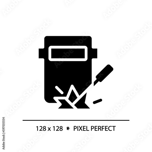 Welding pixel perfect black glyph icon. Railway track maintenance. Railcar repair. Manufacturing engineering. Silhouette symbol on white space. Solid pictogram. Vector isolated illustration