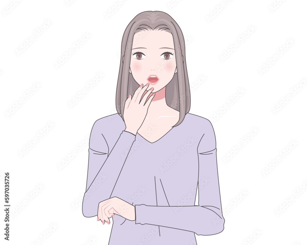 顔に手を当てて驚いた表情の女性のイラスト 顔に手を当てて驚いた表情の女性のイラスト