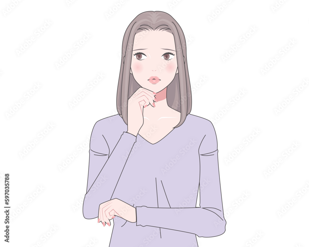 顔に手を当てて悩む表情の女性のイラスト 顔に手を当てて悩む表情の女性のイラスト