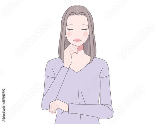 顔に手を当ててほほえむ表情の女性のイラスト