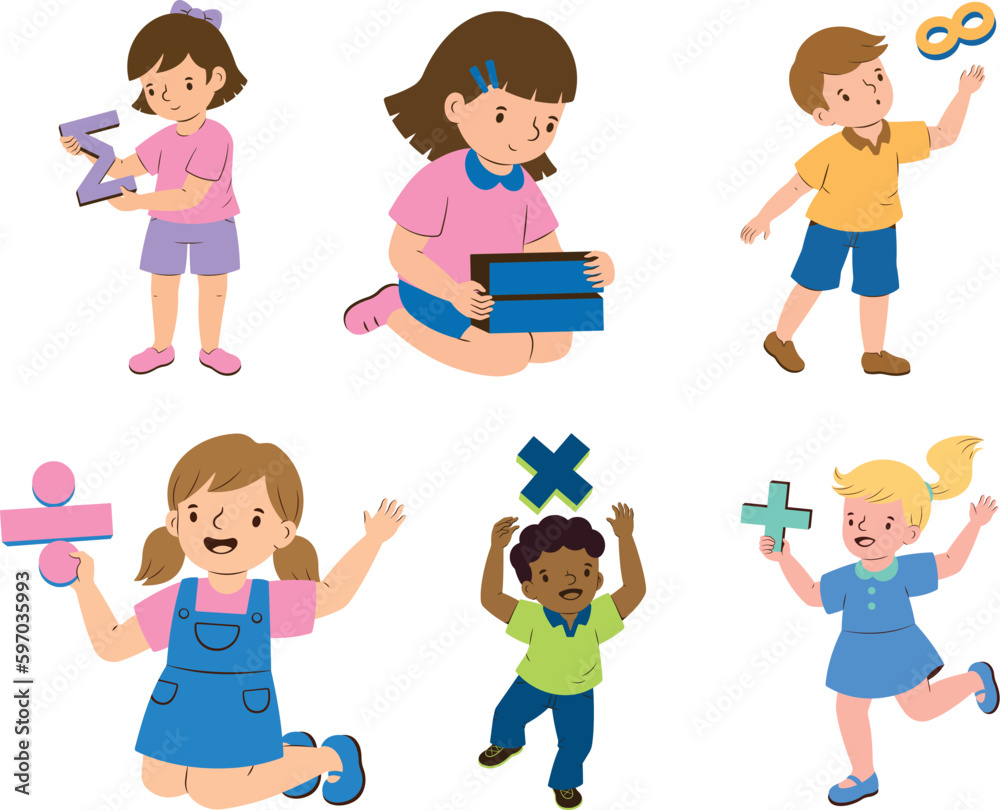 Cute little girls and boys with different school supplies. Vector illustration. Cute little girls and boys with different school supplies. Vector illustration.