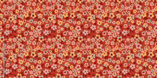 Blooming red and light green cherry on a red background  sakura tree  seamless watercolor pattern. Vector illustration  ready to print. It can be used for wallpaper decoration  textile design.