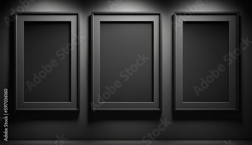 Three blank black frames with a ratio 2: 3 mockup on a blank black wall , Generative AI 