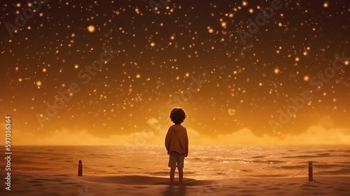 A child looking at the stars on the beach, in the style of light amber and gold , Generative AI 