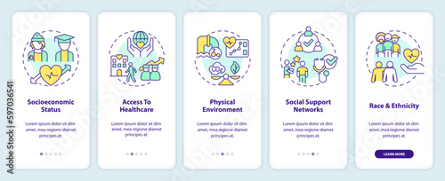 Social determinants of health onboarding mobile app screen. Walkthrough 5 steps editable graphic instructions with linear concepts. UI, UX, GUI template. Myriad Pro-Bold, Regular fonts used