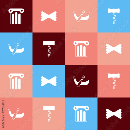 Set pop art Ancient column, Macaroni, Gondola boat and Wine corkscrew icon. Vector