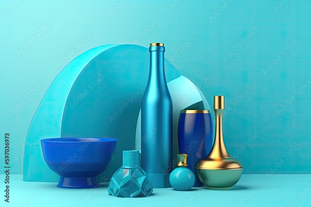collection of blue and gold vases and bowls in a well-lit room. Generative AI collection of blue and gold vases and bowls in a well-lit room. Generative AI