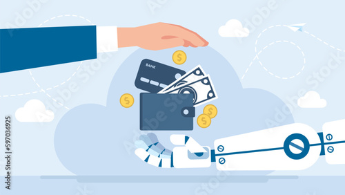 Businessman man hand money to robotic assistant. The robot receives money from the man. Saving savings. Man pass banknotes, pennies, credit card, wallet to robot or android.  Vector illustration