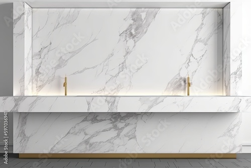 luxurious bathroom with a marble countertop and gold faucets. Generative AI