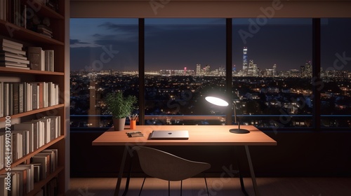 modern setup interior with table, chair and view of Paris at night