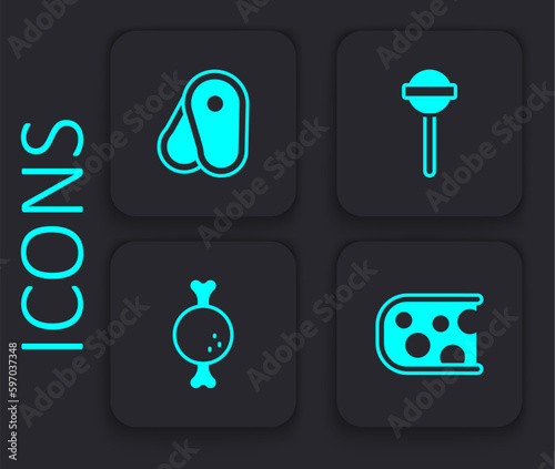 Set Cheese  Steak meat  Lollipop and Chicken leg icon. Black square button. Vector