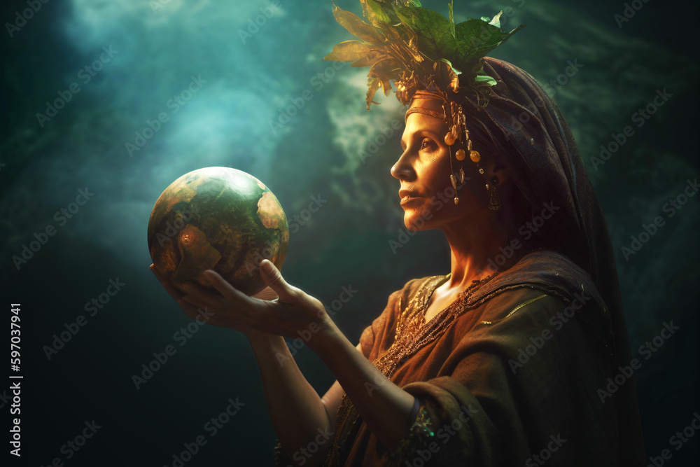 Naklejka premium mother earth giving food to the planet, fictional person created with generative ai