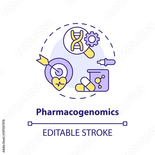 Pharmacogenomics concept icon. Genes affect on responding to medications. Healthcare innovations. Genomic medicine abstract idea thin line illustration. Isolated outline drawing. Editable stroke