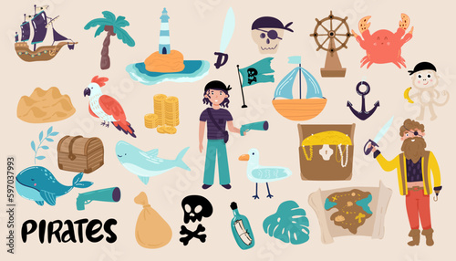 Collection of adorable pirates, sail ship, mermaids, sea fish and underwater creatures, treasure chest, lighthouse isolated on white background. Childish vector illustration in flat cartoon style.