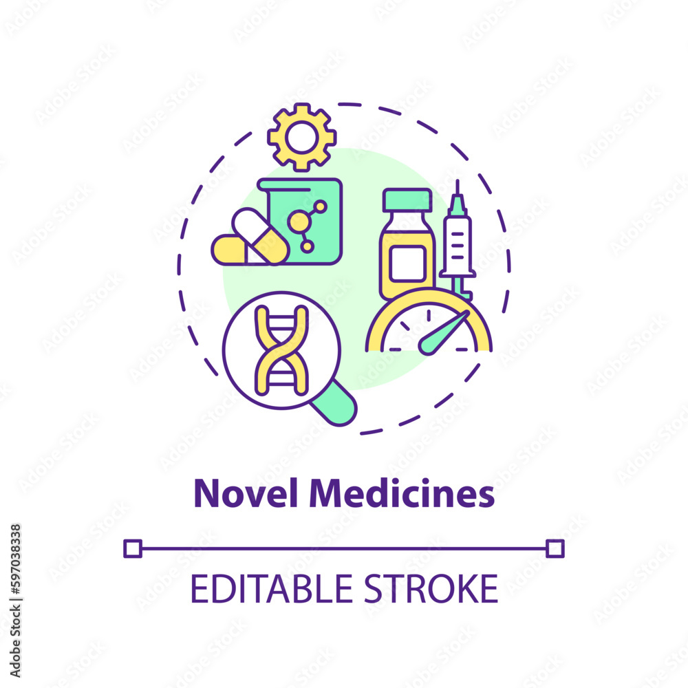 Novel medicines concept icon. Improvement of clinical trials. Genome research. Benefit of precision medicine abstract idea thin line illustration. Isolated outline drawing. Editable stroke