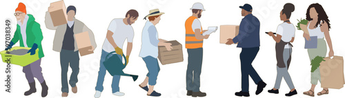 group of people working: gardening, waitress, construction worker, delivery, shopping