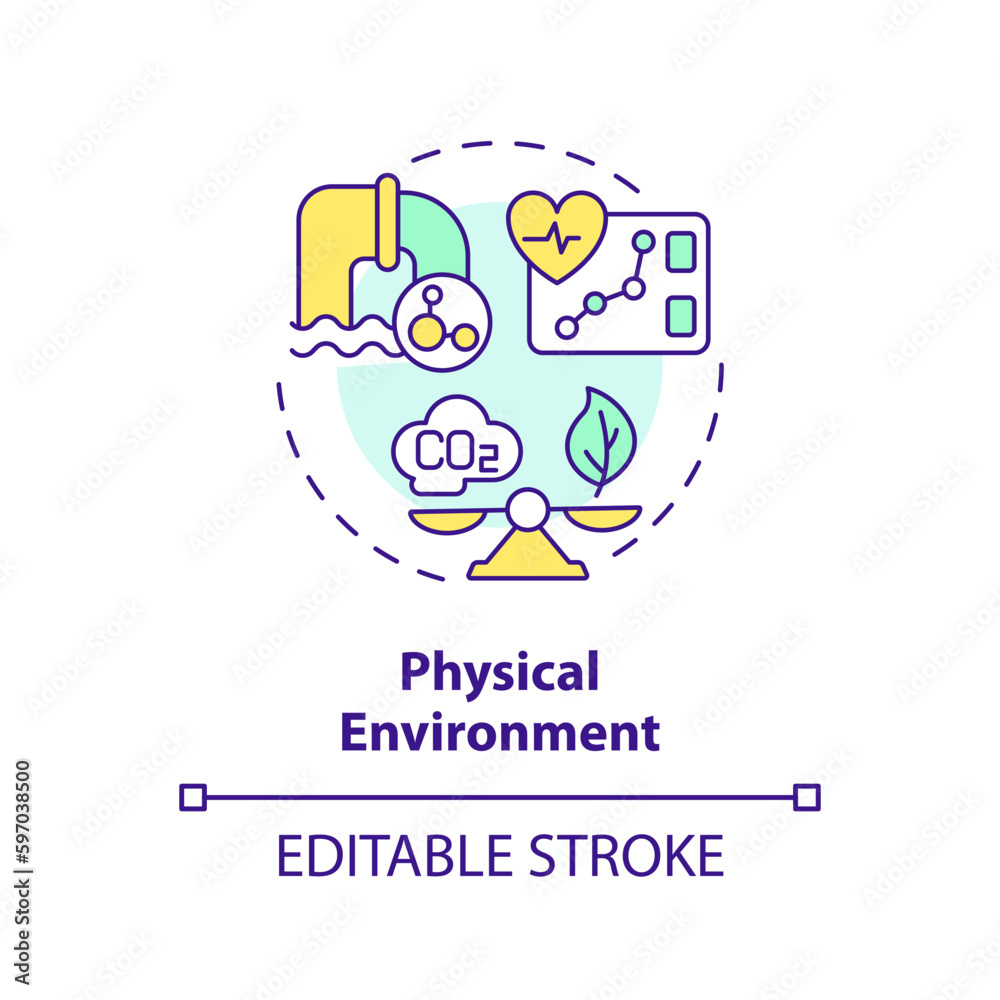 Physical environment concept icon. Quality of air, water and housing. Diseases prevention. Social determinant of health abstract idea thin line illustration. Isolated outline drawing. Editable stroke Physical environment concept icon. Quality of air, water and housing. Diseases prevention. Social determinant of health abstract idea thin line illustration. Isolated outline drawing. Editable stroke