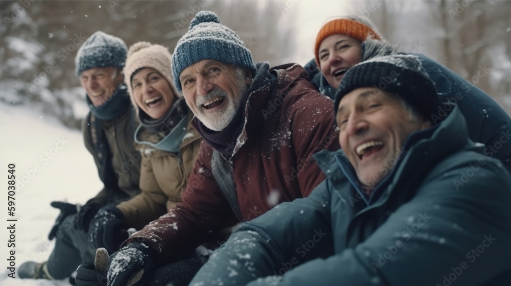 Generative Ai, group of friends are having a good laugh in the snow. Generative Ai, group of friends are having a good laugh in the snow.