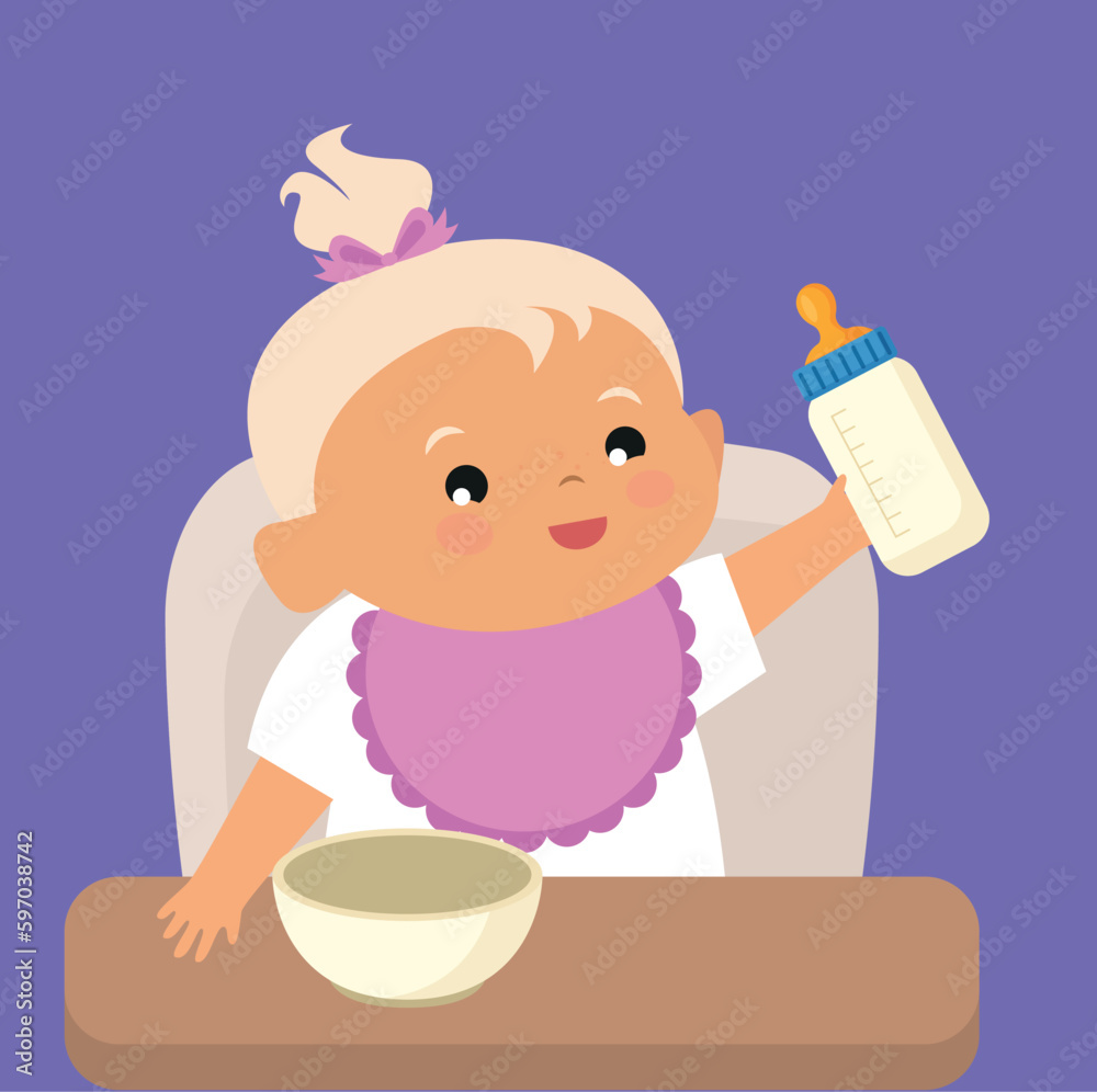 Cute little girl with a bottle of milk. Vector illustration.