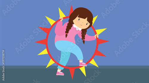 Girl in a pink jacket on a blue background. Vector illustration.