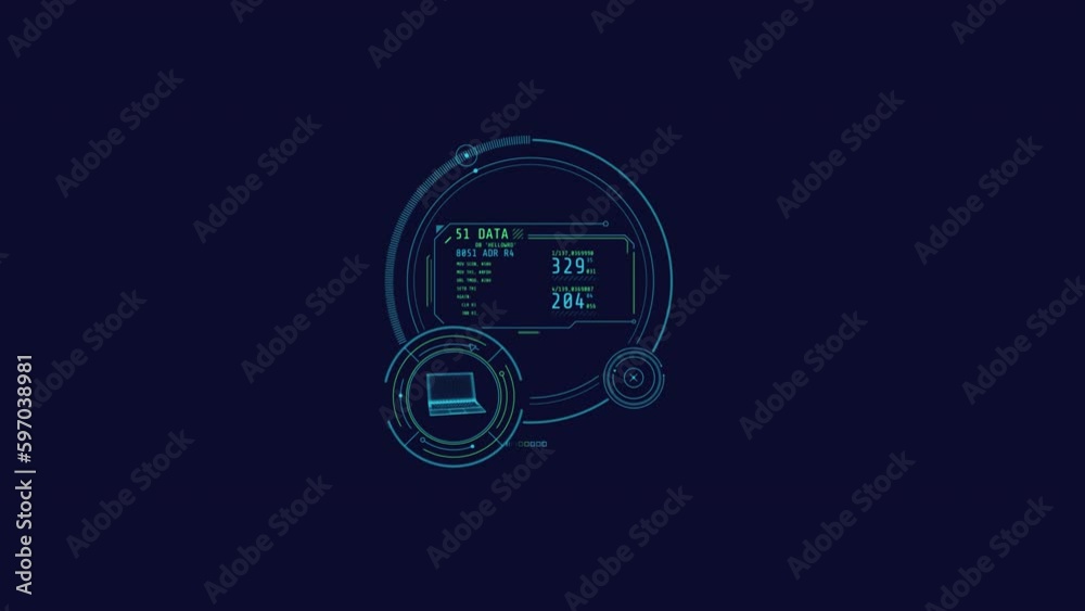 Looped animation of open laptop and data in circles HUD element. Looped animation of open laptop and data in circles HUD element.