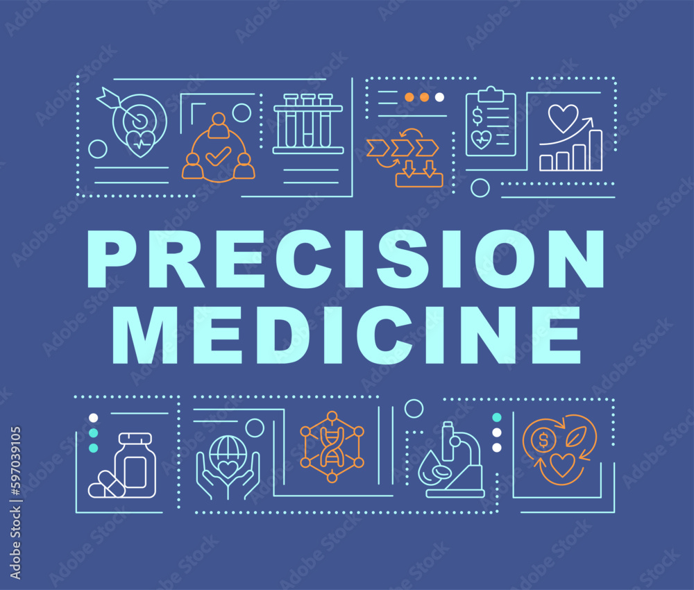Precision medicine word concepts dark blue banner. Gene analysis. Infographics with editable icons on color background. Isolated typography. Vector illustration with text. Arial-Black font used