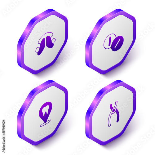 Set Isometric Dental tooth plate, Toothache painkiller tablet, clinic location and pliers icon. Purple hexagon button. Vector