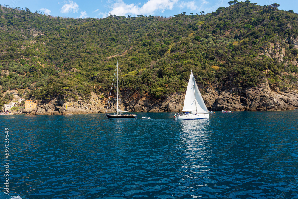 Naklejka premium Sailing Boats in the San Fruttuoso bay, famous for its ancient abbey, X-XI century, between Portofino and Camogli, Genoa province (Genova), Liguria, Italy, Europe. Mediterranean sea (Ligurian sea).