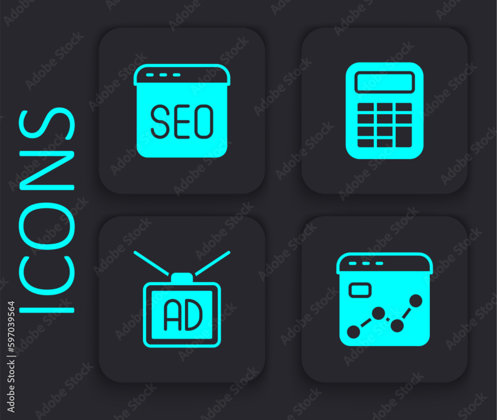 Set Market analysis, SEO optimization, Calculator and Advertising icon. Black square button. Vector Set Market analysis, SEO optimization, Calculator and Advertising icon. Black square button. Vector