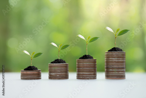 Plant growth on stacked coins idea of saving money, financial developments, accounting and business growth.The green business, Environmental business.