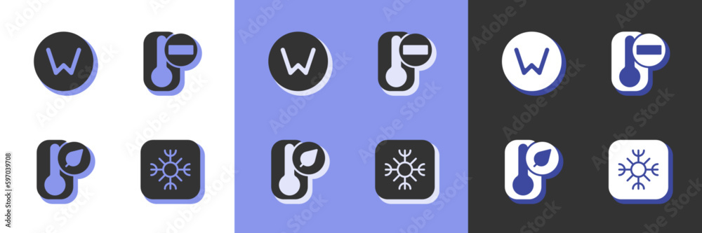 Set Snowflake, Compass north, Thermometer and icon. Vector Set Snowflake, Compass north, Thermometer and icon. Vector
