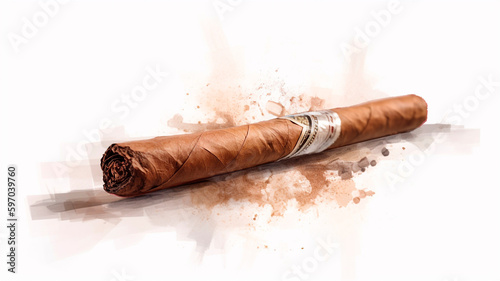 A cuban cigar with watercolor splashes on white background. generative ai.